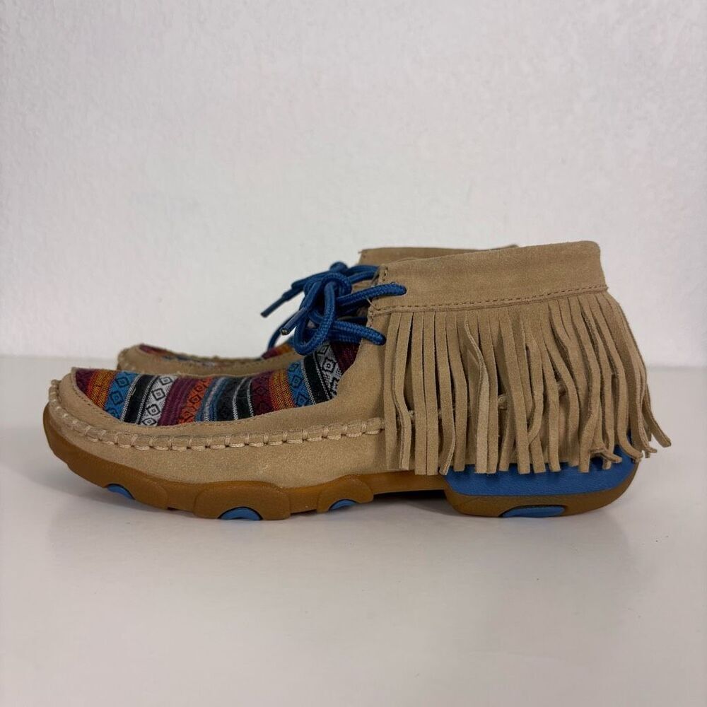 Twisted X Boots‎ Tan Leather Fringe Moccasin Colorful Aztec Print Shoes Size 6